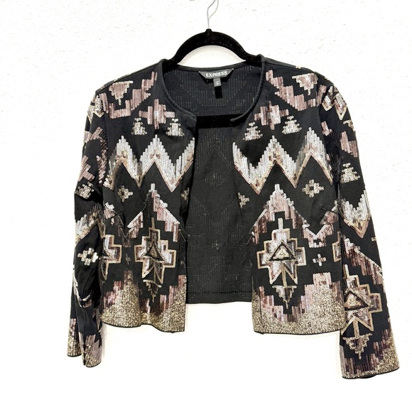 Express cropped open front jacket sequin embellished geometric Blazer M - Picture 4 of 7